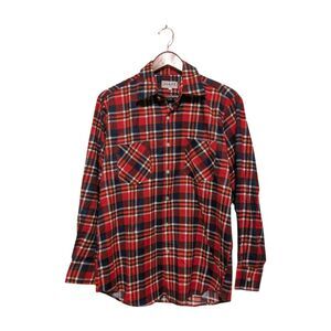 Vintage NOS 70s Red Plaid Soft Cotton Flannel Shirt S/M Wing Collar